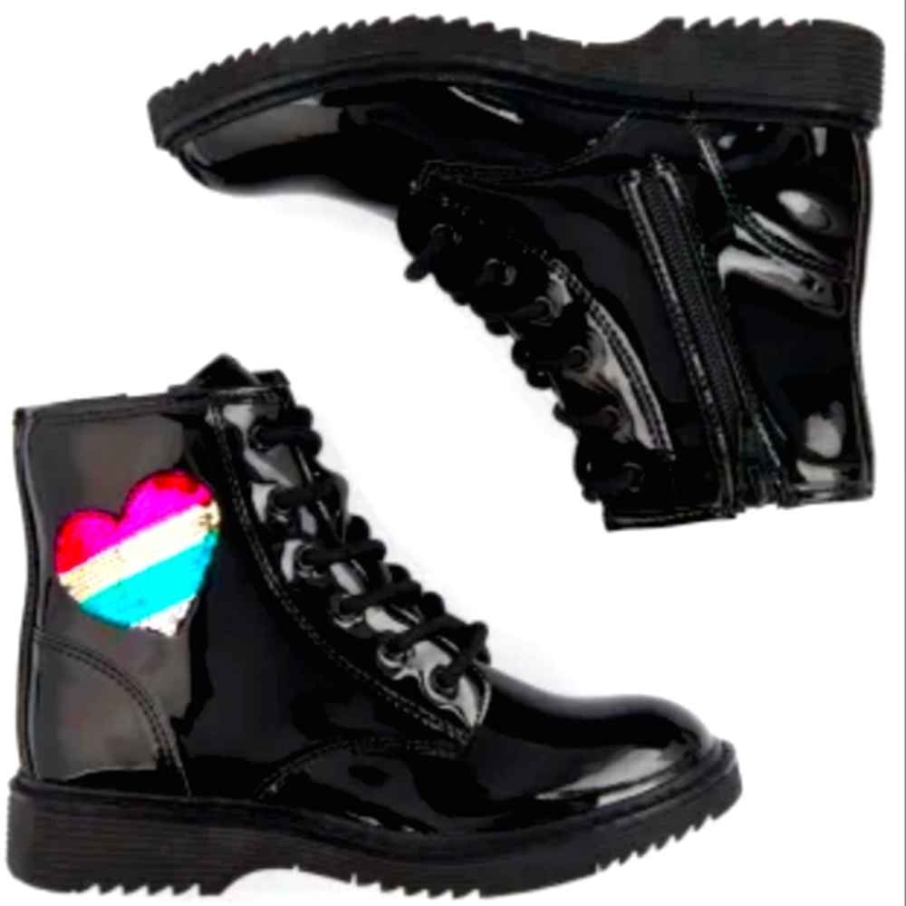 The Children's Place Girls Flip Sequin Heart Lace Up Boots - Black